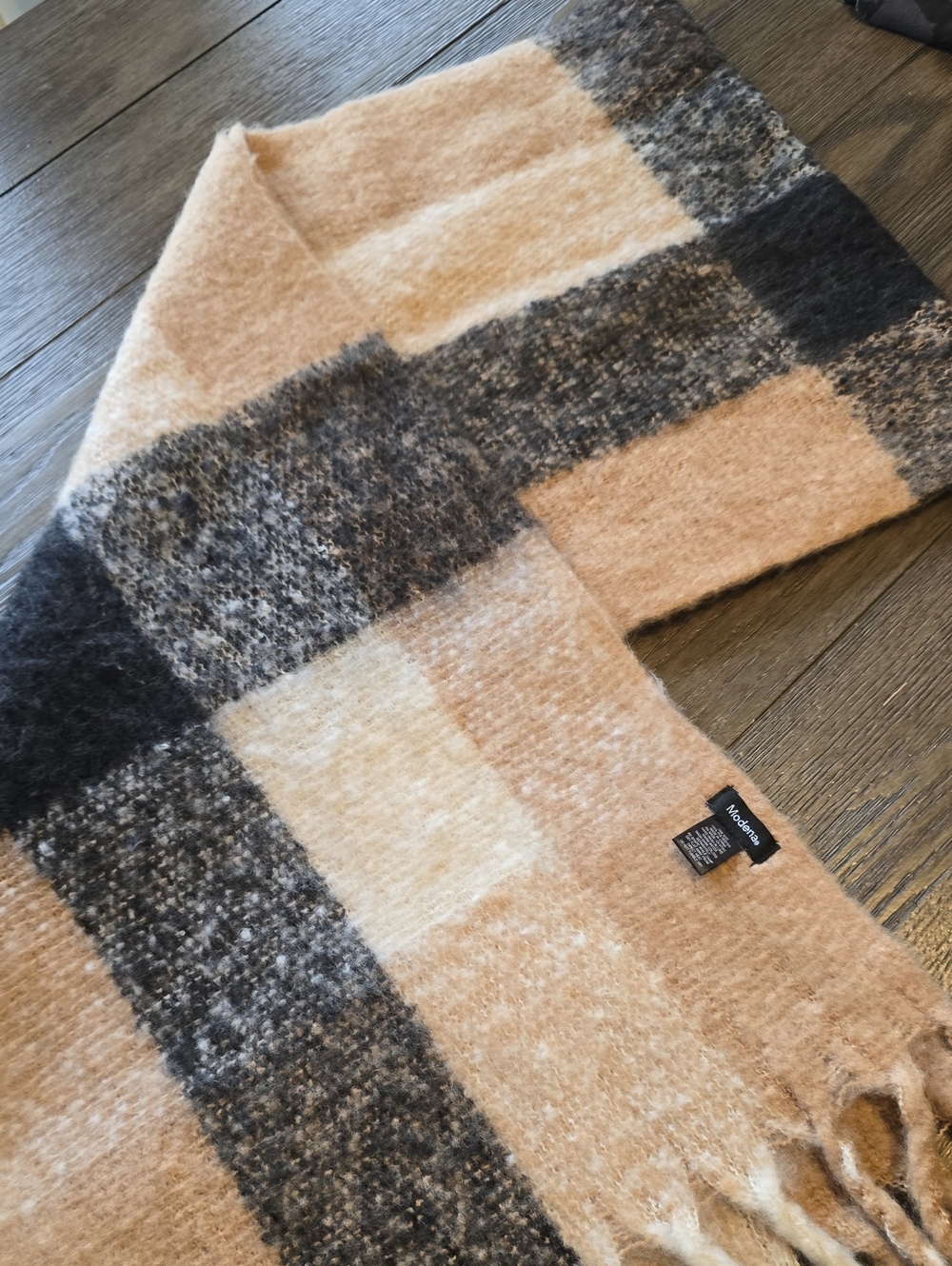 Modena Neutral Plaid Fringe Wool-Blend Scarf